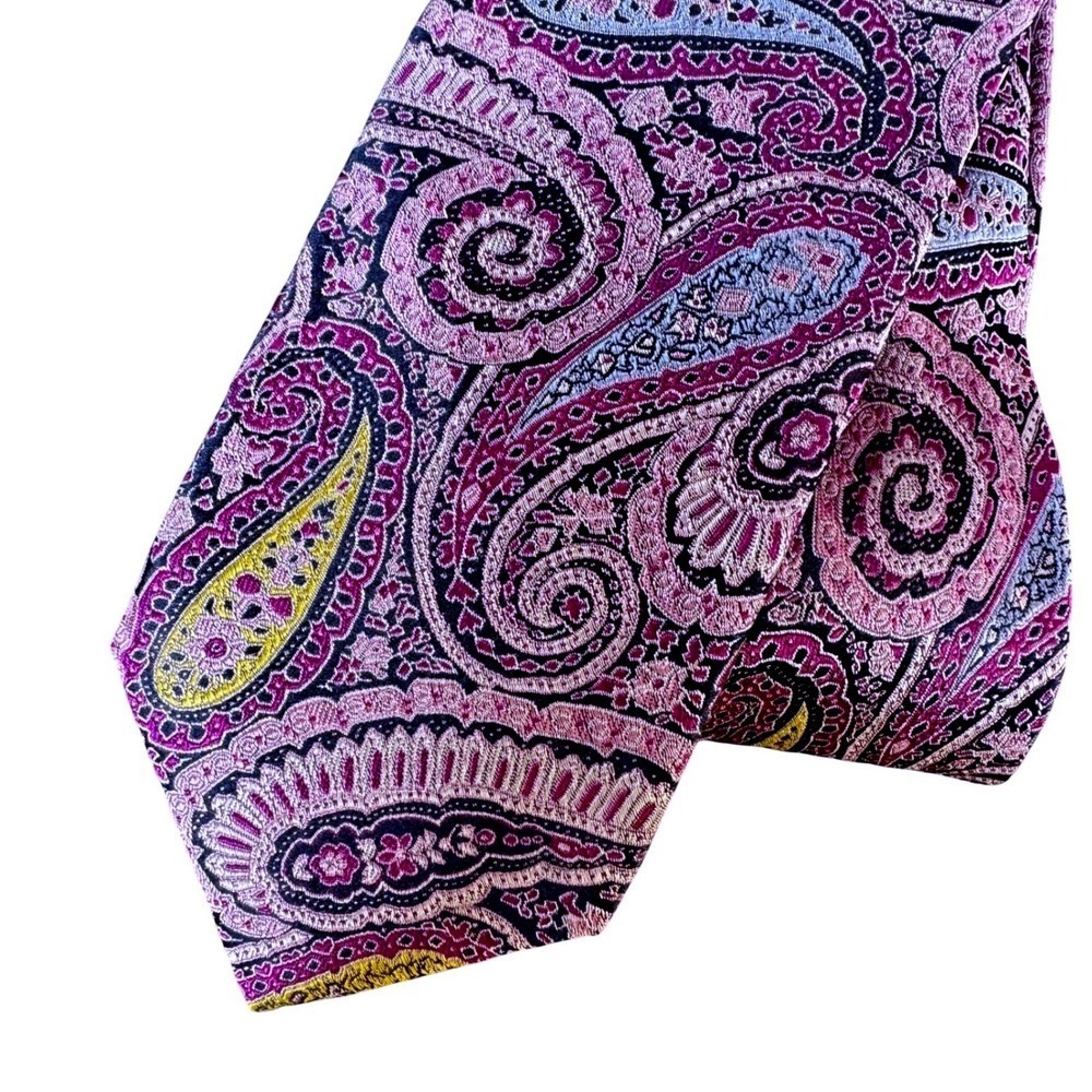 XMI Platinum Mens Silk Linen Paisley Tie Purple Pink Blue Hand Made 59"